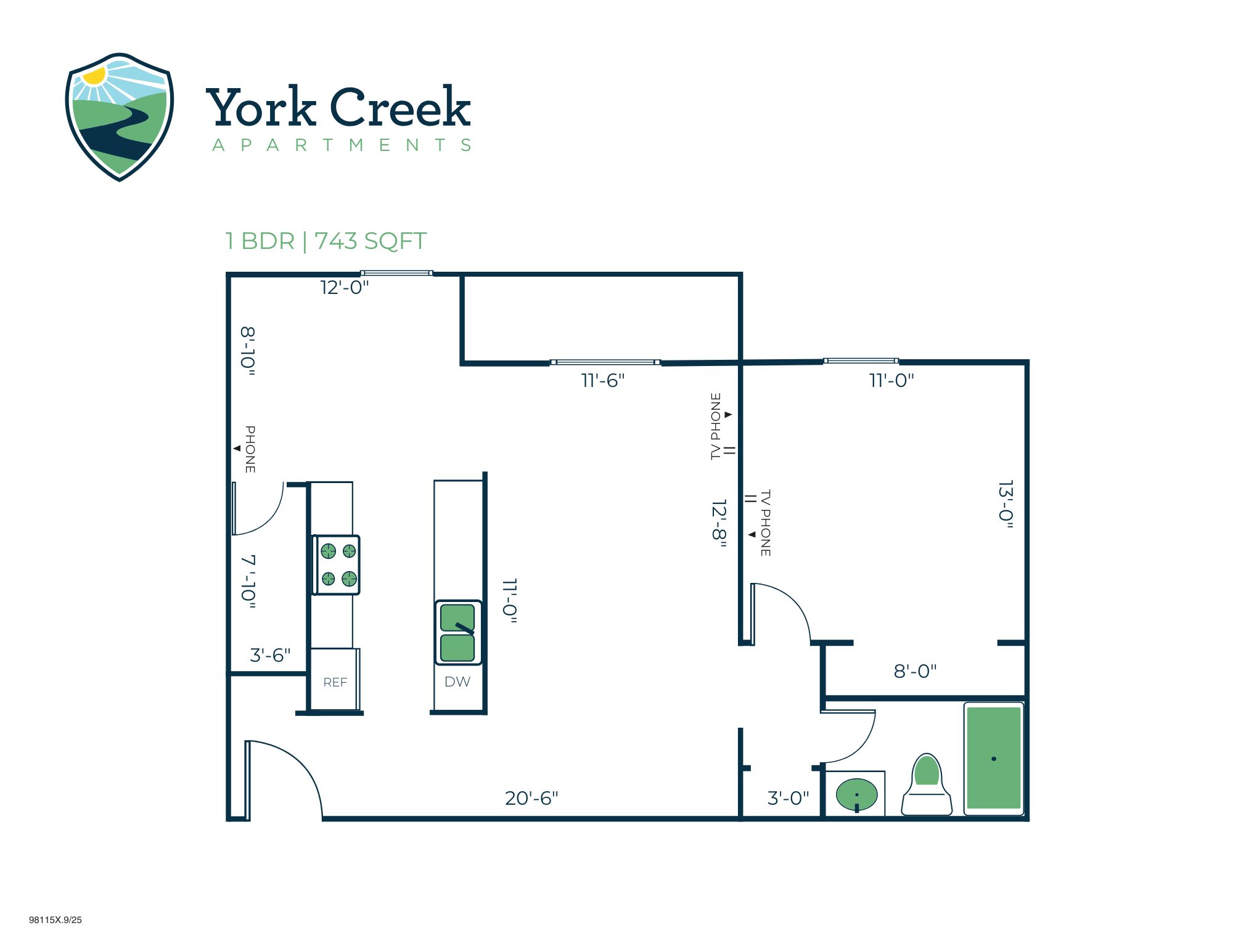 Floor plan for 1 bed, 1 bath, 743 sqft